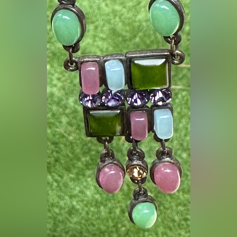 MCM Necklace ,Chain PeriwinkleGreen,Rose,MetalChain Cabachon&Glass